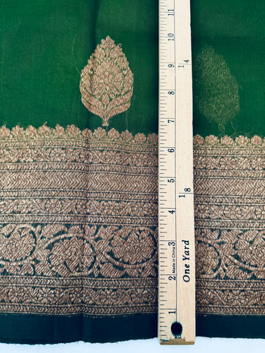Sheer Lightweight Organza Silk Saree with Tussar Silk Border | Antique Zari | Shade of Forest Green | Handwoven | Ships from California
